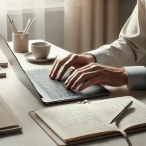 Someone typing on a laptop with a notepad next to the laptop